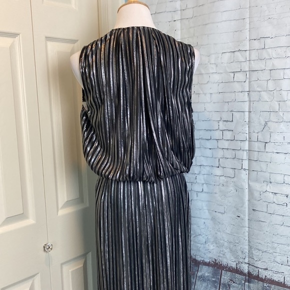 L’Agence Pleated Metallic Silver Black Satin Maxi Dress L Sexy Disco Maximalist - Picture 11 of 16